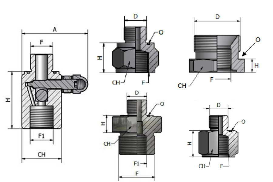 Oil side accessories for Hydraulic Accumulators - VSA+VS+NS - Adaptor, nipples, reduction.